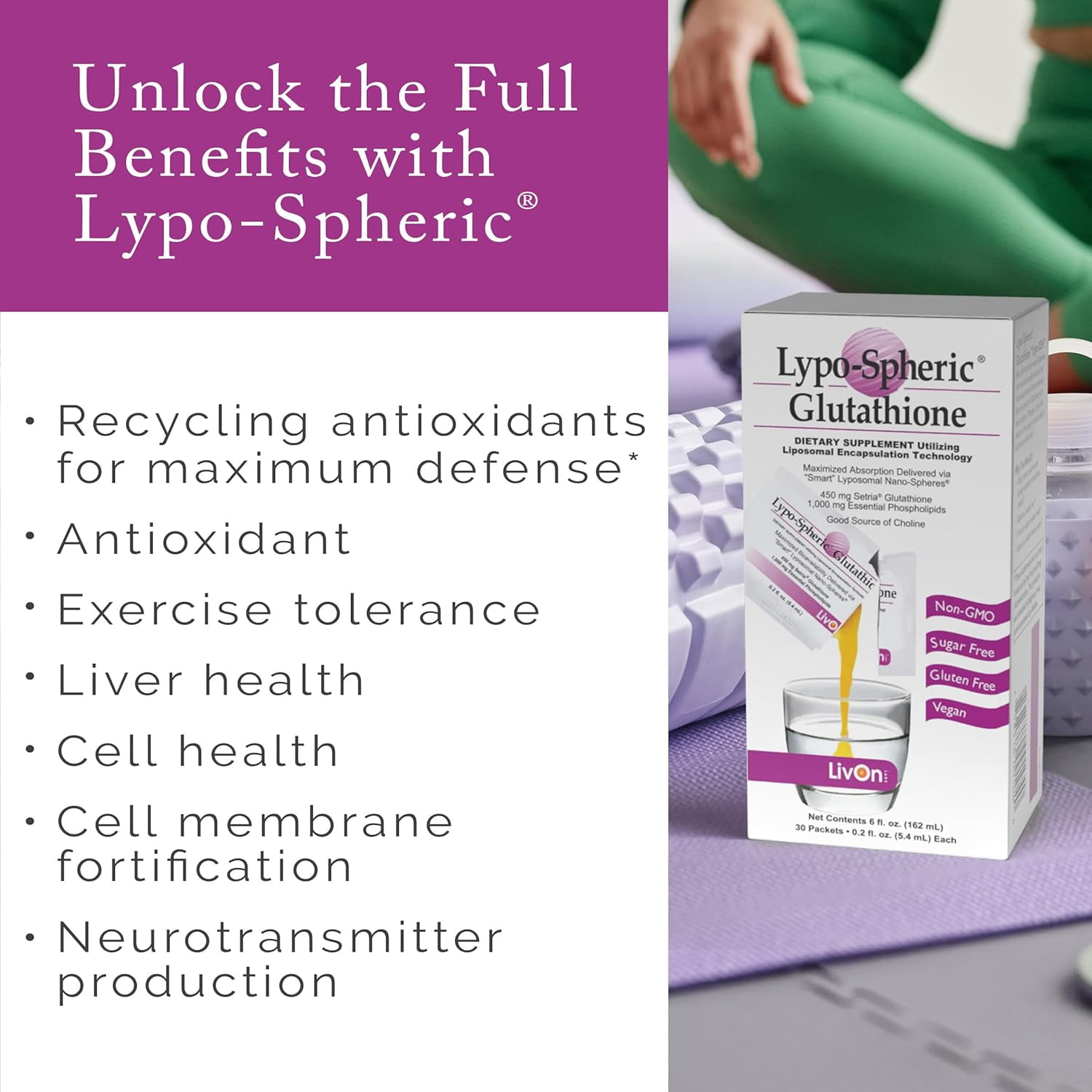 lypo-spheric glutathione used for LivOn Laboratories Lypo-Spheric Liposomal Glutathione Supplement, 450 mg,  Unflavored, 30 Packets