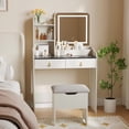 thumbnail image 1 of TROPOW Vanity Desk with LED Light Mirror and Storage Stool, Small LED Vanity with Chair, Small Makeup Vanities Set for Girls Women,White + Grey Desktop, 1 of 8