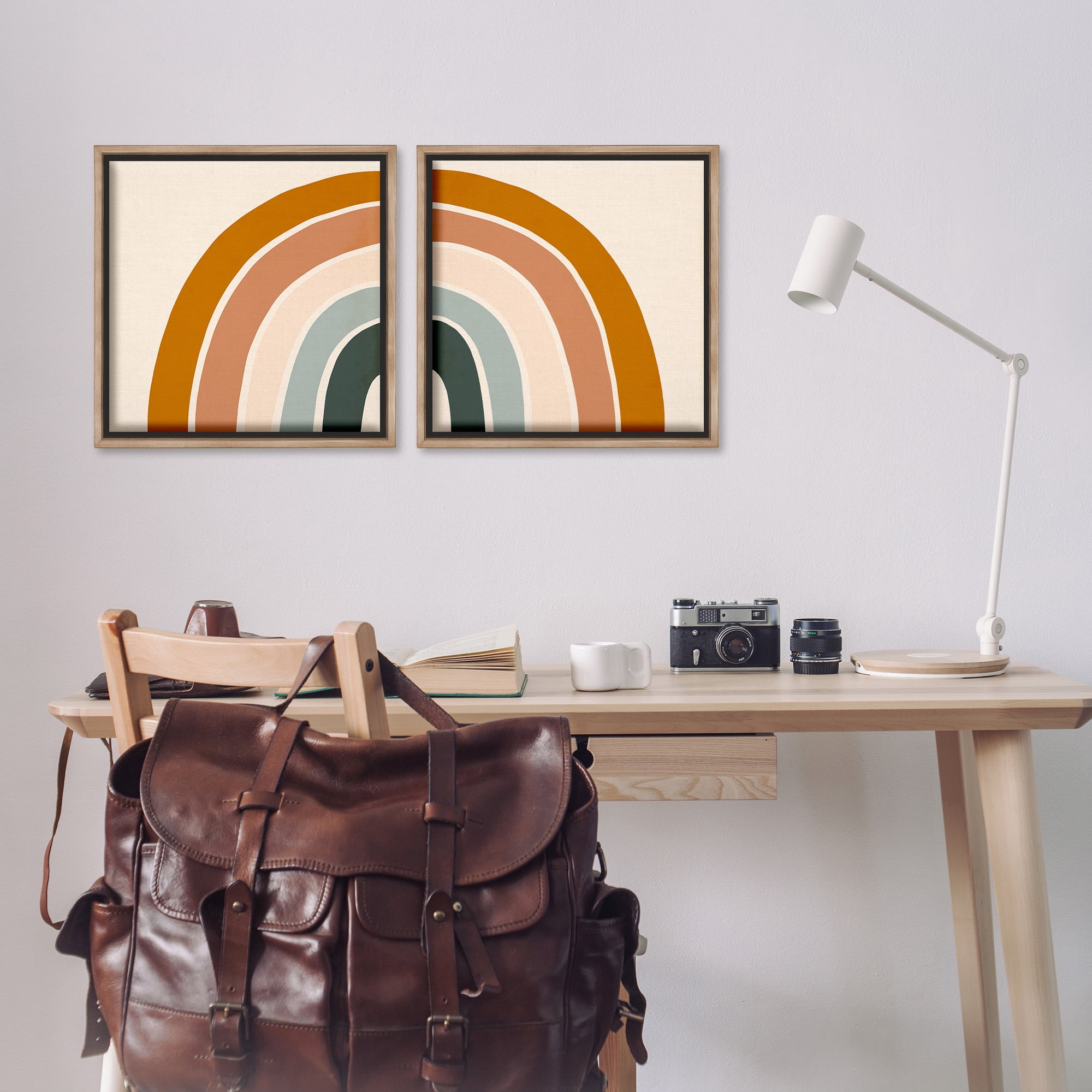 Stupell Industries Asymmetric Warm Retro Rainbow Art for Kids Painting Brown Floater Framed Canvas Art Print Wall Art, 18 x 18, Set of 2