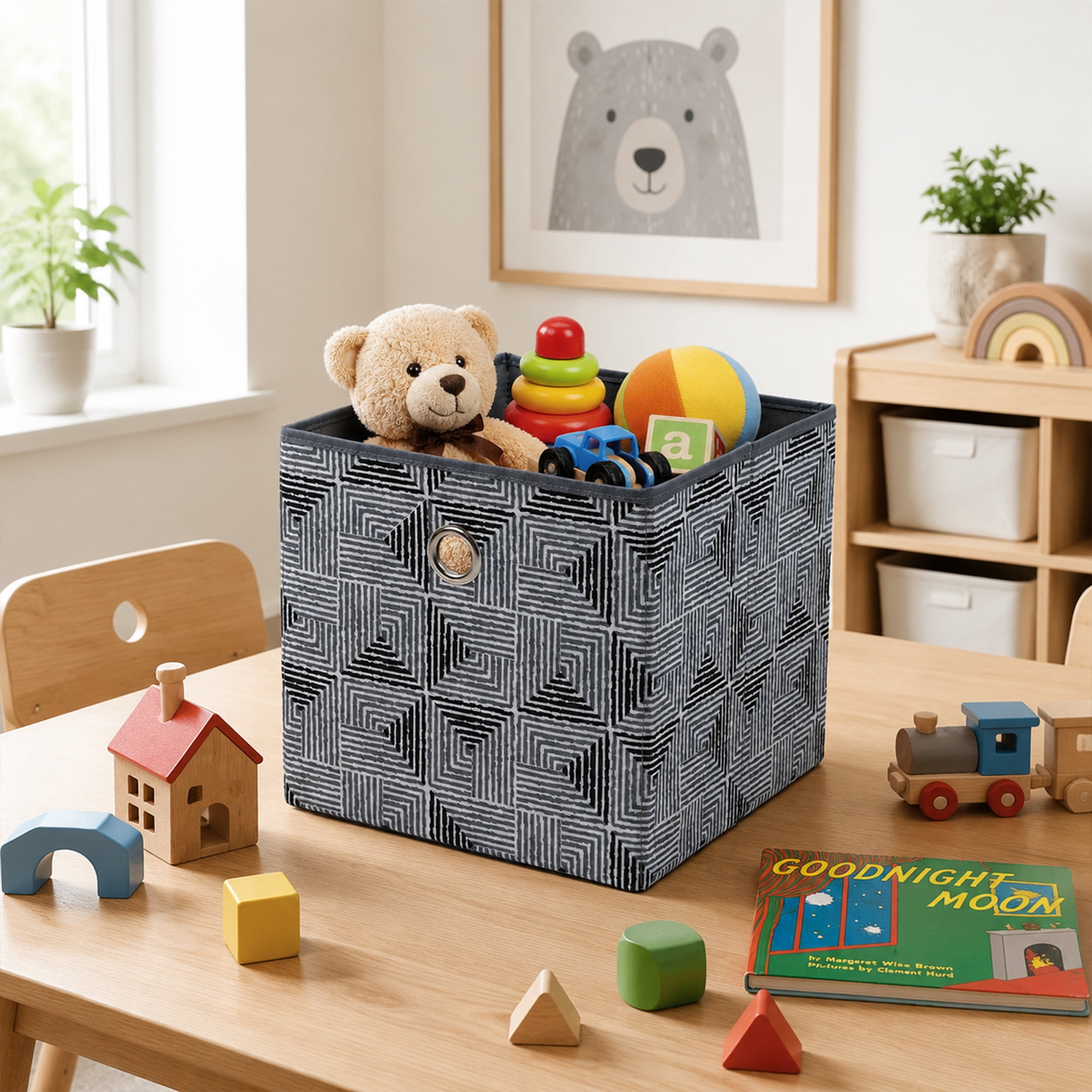 Mainstays Collapsible Fabric Cube Storage Bin, Black/Gray Geometric Pattern, 10.5 x 10.5 x 10.75 Inches