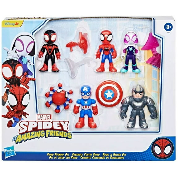 Marvel Spidey & His Amazing Friends Rhino Roundup Set Action Figure 6-Pack (Miles, Spidey, Captain America, Ghost-Spider, Rhino & Trace-E)