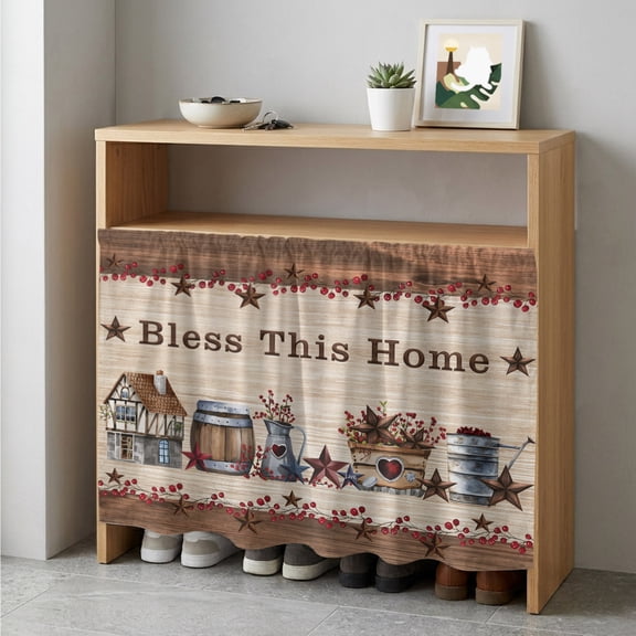 Farmhouse Cabinet Curtain 35"Wx35"L,Dustproof Under Sink Skirt with Self Adhesive Tape,Brown Country Star Berry Vintage Wood Grain Cabinet Curtain Cover for Kitchen Sink,Bathroom Vanity,Laundry Room