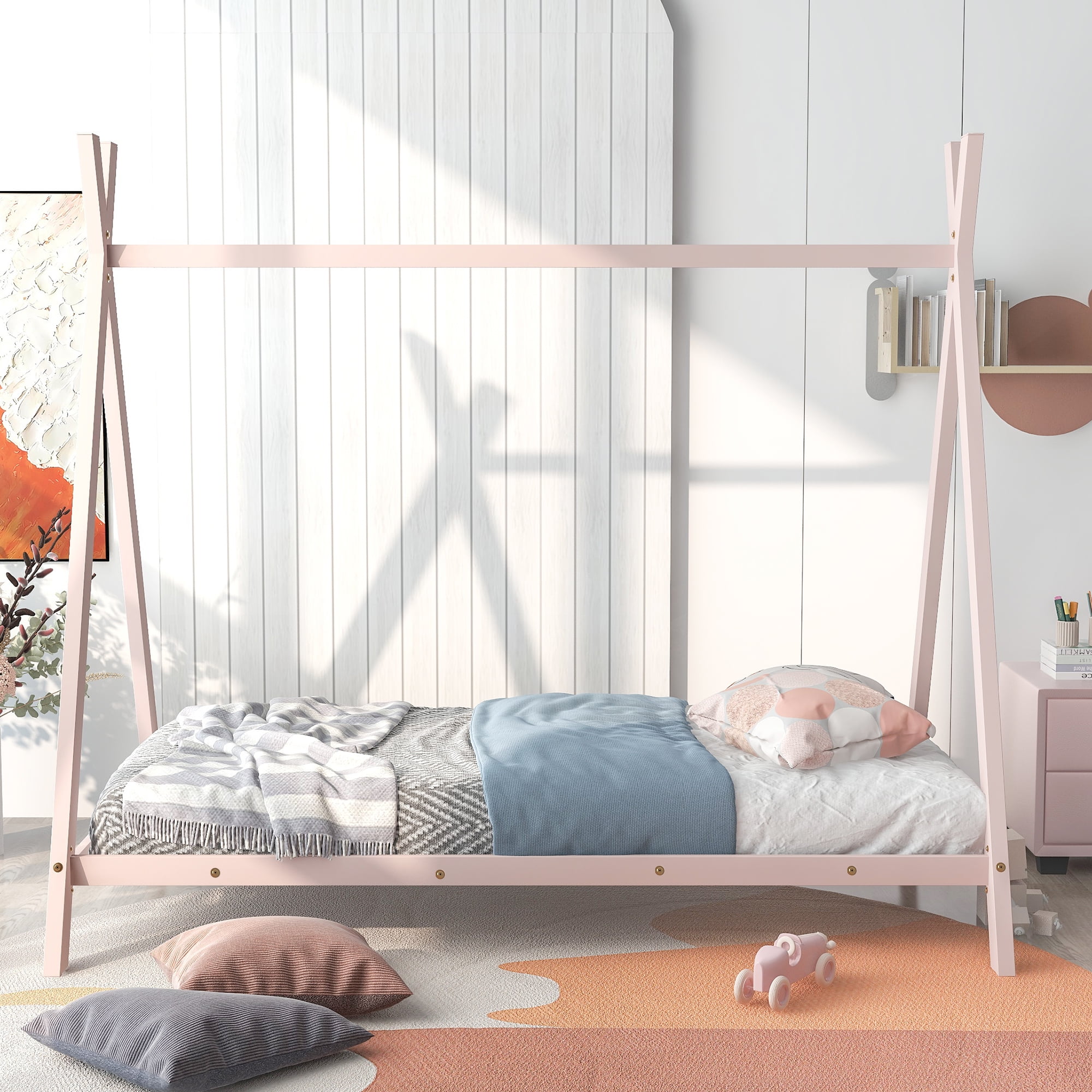 Gewnee Twin Size Metal Tent Bed Floor House Bed with with x-Shaped Frame for Kids,Pink