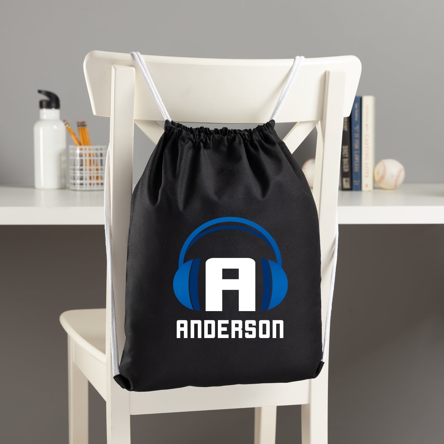 Personalized Boy's Headphones Black Drawstring Bag