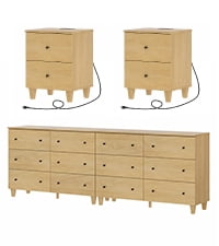 WAMPAT Dresser and Nightstands Set of 4, Wood Dressers with 12 Drawers, 2 Pieces Nightstands with Charging Stations for Living Room, Oak Wood