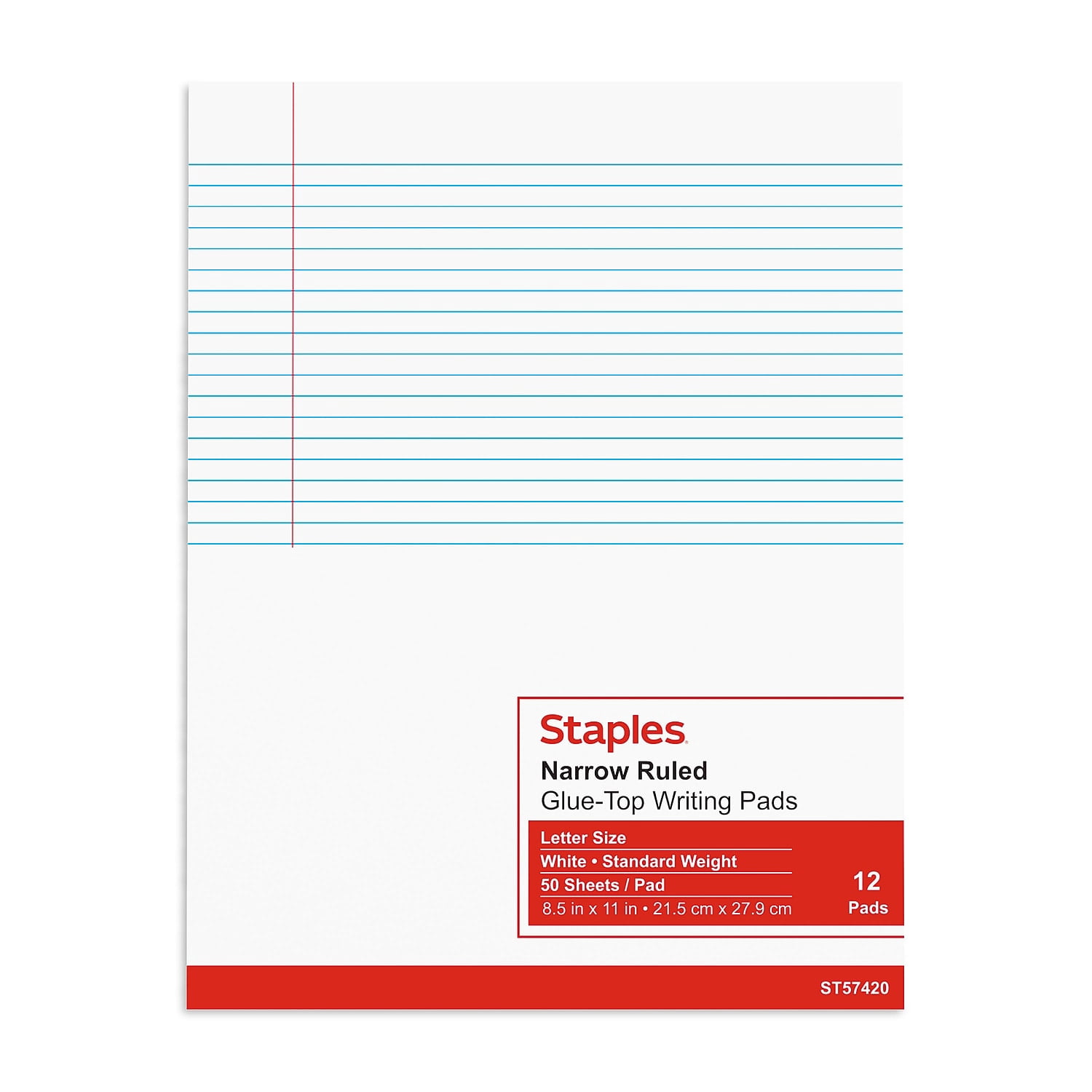 Staples Notepads 8.5" x 11" (US letter) Narrow Ruled White 50 Sheets/Pad 24/Carton ST57420/TR574VS
