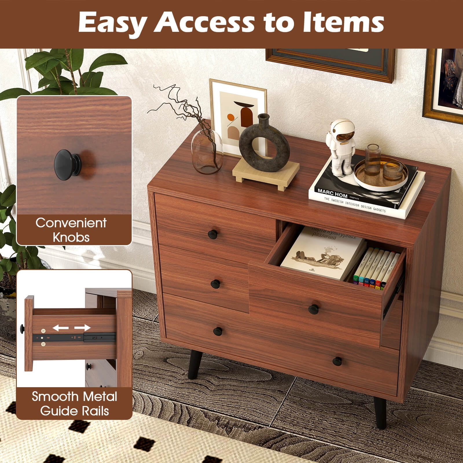 Costway 4 Drawer Dresser for Bedroom Wide Chest of Drawers with Metal Guide Rails Walnut