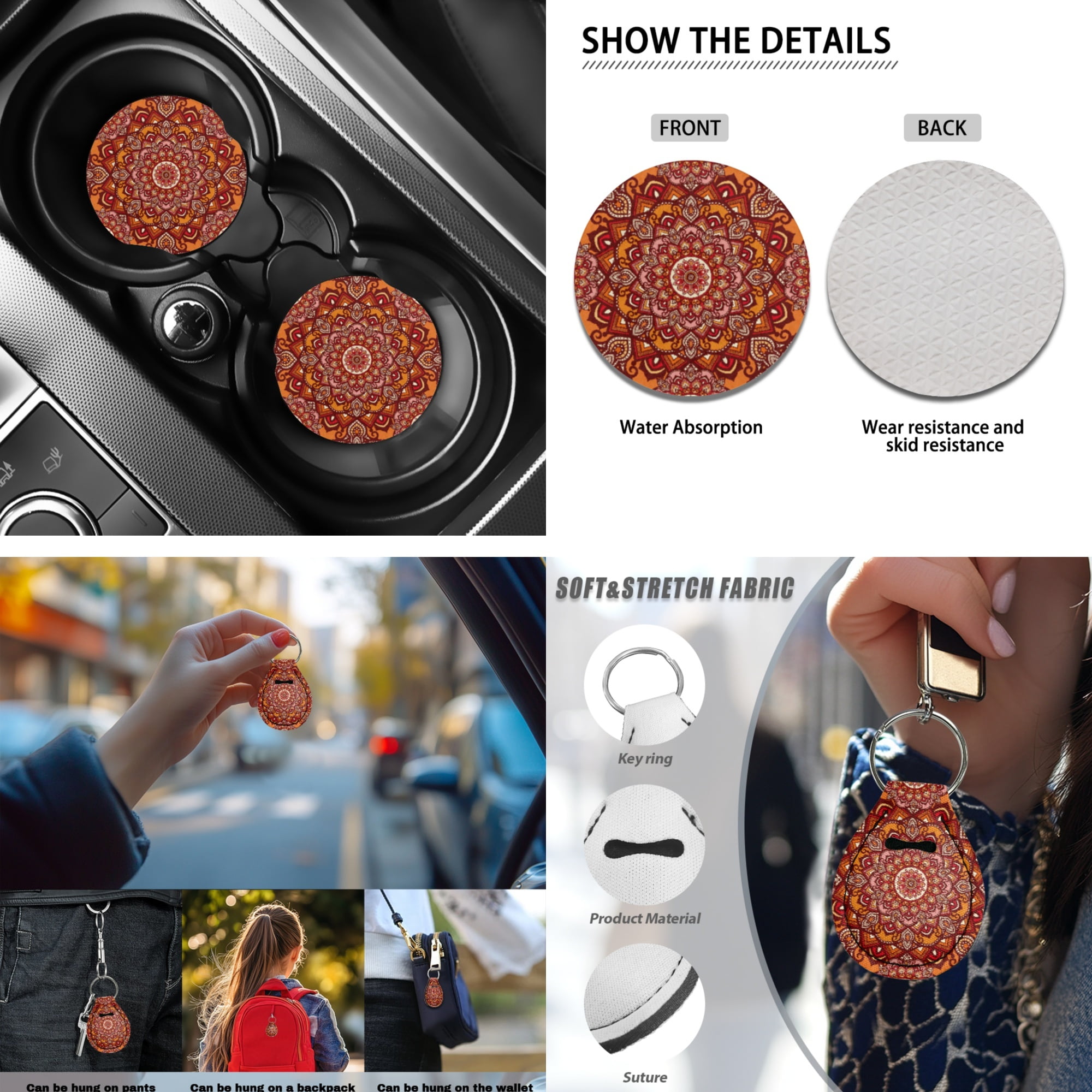 Jeiento Orange Boho Mandala 13 Pack Car Seat Cover Set with Steering Wheel, Seat Belt Strap, Armrest, Coaster, Keychain, Lipstick Holder Universal Auto Interior Sets - Fit SUV, Sedan, Van, Truck