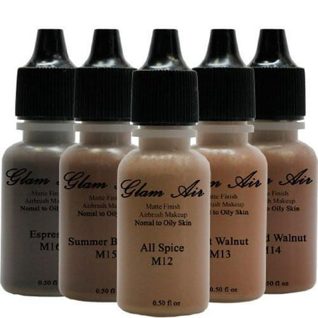 Glam Air Airbrush Water-based Large 0.50 Fl. Oz. Bottles of Foundation in 5 Assorted Dark Matte Shades (For Oily to Normal (Best Makeup For Oily Skin With Large Pores)