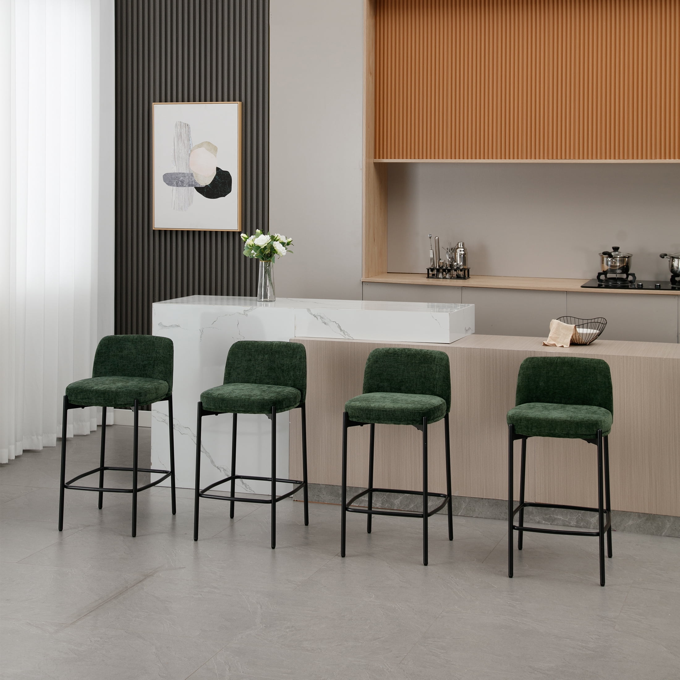 Guyou 26" Modern Counter Height Bar Stools Set of 6, Chenille Upholstered Boucle Bar Stools, Armless Kitchen Island Chairs for Dining Room Bar Bistro, Green