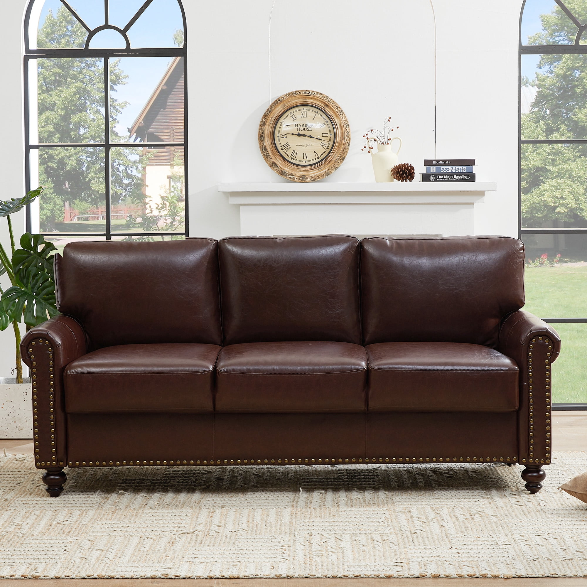 LeChapitre Faux Leather Sofa with Storage Seats, Classic 3-Seater Couch with Nailhead Trim (Dark Brown)