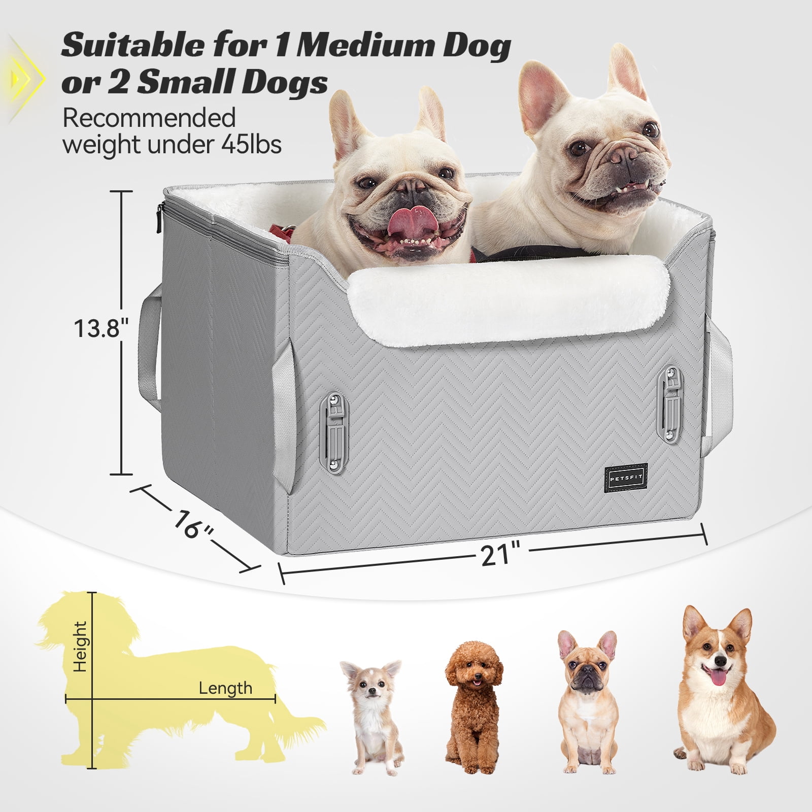 PETSFIT Dog Booster Car Seat, Waterproof PU Leather Car Seat for Dogs with Patented Safe Buckles, 2 Clip-On Safety Leashes, Grey