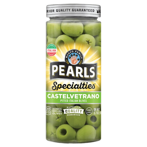 Pearls - Castelvetrano Pitted Italian Olives 5.7 oz Jar. Nine Major Allergens Not Contained. Gluten Free.