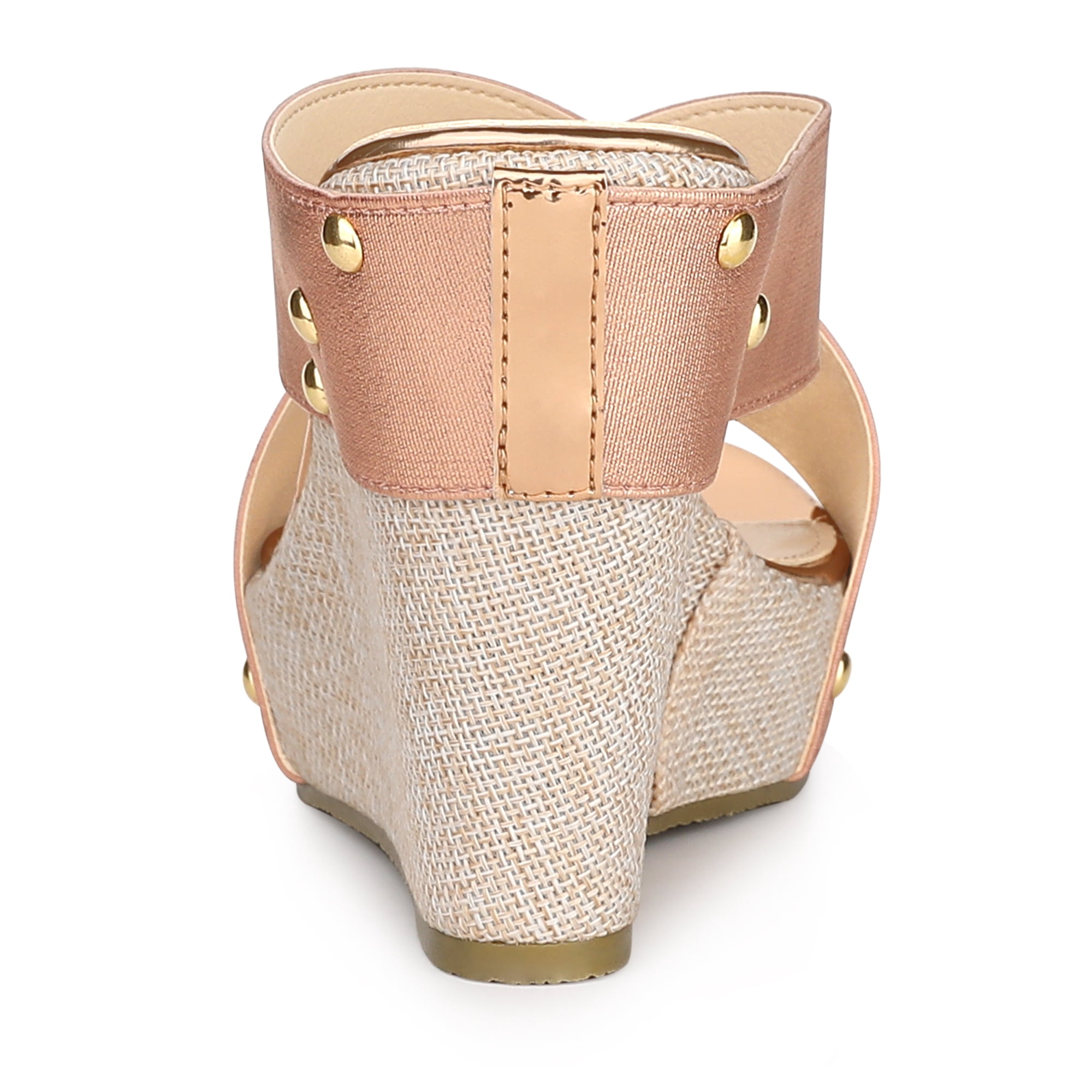 DARING DIVA Women's Stylish Open Toe Linen Platform Slide Wedge Sandals Rose Gold 7