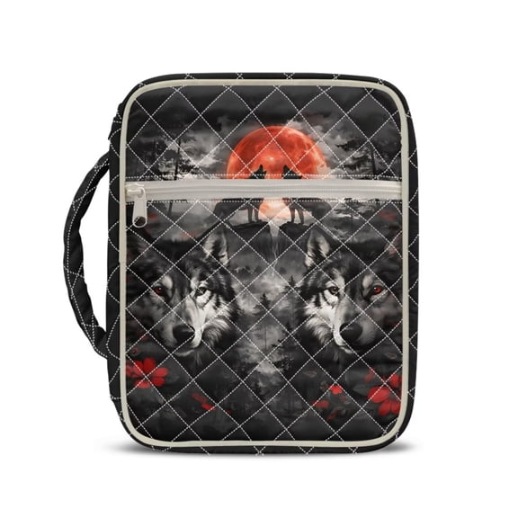 Xixirimido Bible Cover Case for Women Men Large Bible Cover with Handle Quilted Bible Carrying Case Bag Bible Study Supplies Accessories, Wolf Forest Red Moon Floral