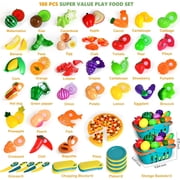 100 Pcs Food Set for Kids Kitchen, Pretend Food Toy for Toddlers Age 1-3, Plastic Cutting Fake Food/ Fruit/ Vegetable Accessories with 2 Baskets