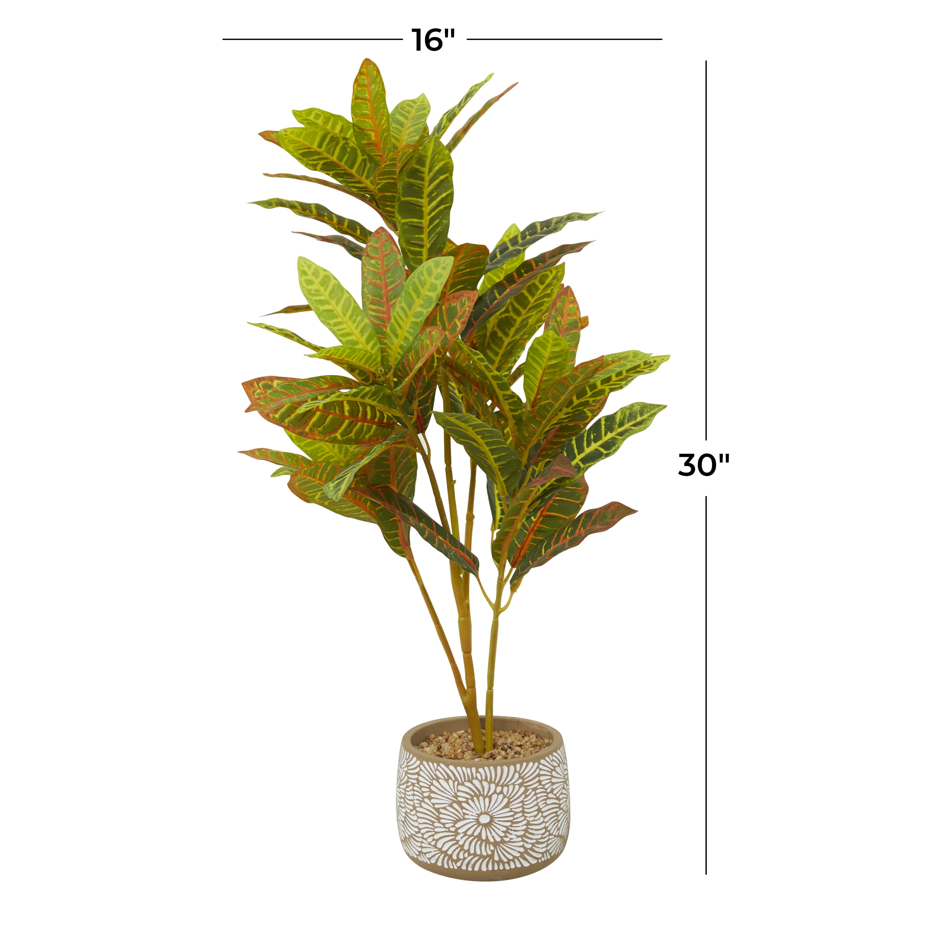 DecMode 30" Artificial Crotons Plant in Realistic Leaves and Floral Patterned Pot