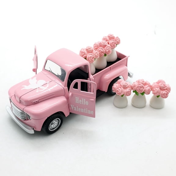 Valentine's Day Metal Truck Decor,Wedding Anniversary Metal Truck with 6 Bouquet Rose Ornaments,Farmhouse Vintage Pickup Car Decor for Tabletop Centerpiece Home Kitchen Decorations