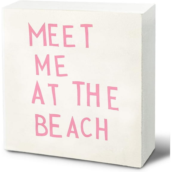 Zomyto 7x7 Inches Pink Beach Room Decor for Teen Girls, Beach Signs for Home Decor, Coastal House Decor, Meet Me at the Beach Wooden Box Sign