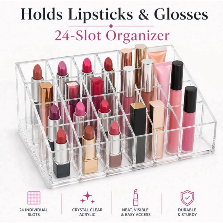 24-slot Clear Acrylic Lipstick Display Holder Elegant Cosmetic Organizer for Makeup Storage & Organization Tika