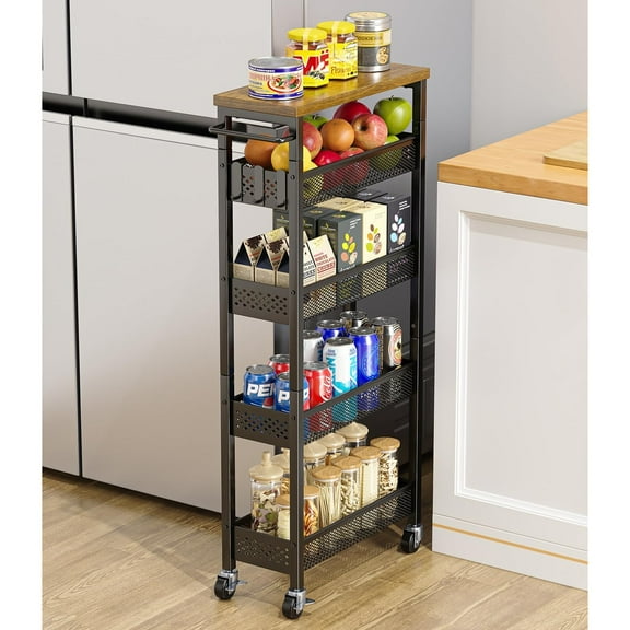 Slim Storage Cart 5 Tier Narrow Kitchen Rolling Cart on Wheels for Small Space, Metal Utility Cart Narrow Bathroom Storage Cabinet Mobile Shelf Unit Organizer with Wood Top and Handle, Black