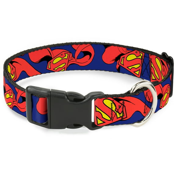 DC Comics Pet Collar, Dog Collar Plastic Buckle, Superman Shield Cape, 11 to 16.5 Inches 1.0 Inch Wide