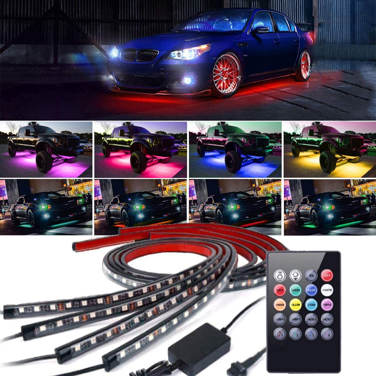 4x 8 Colors LED Strip Under Car Tube Underglow Underbody System Neon Light Kit