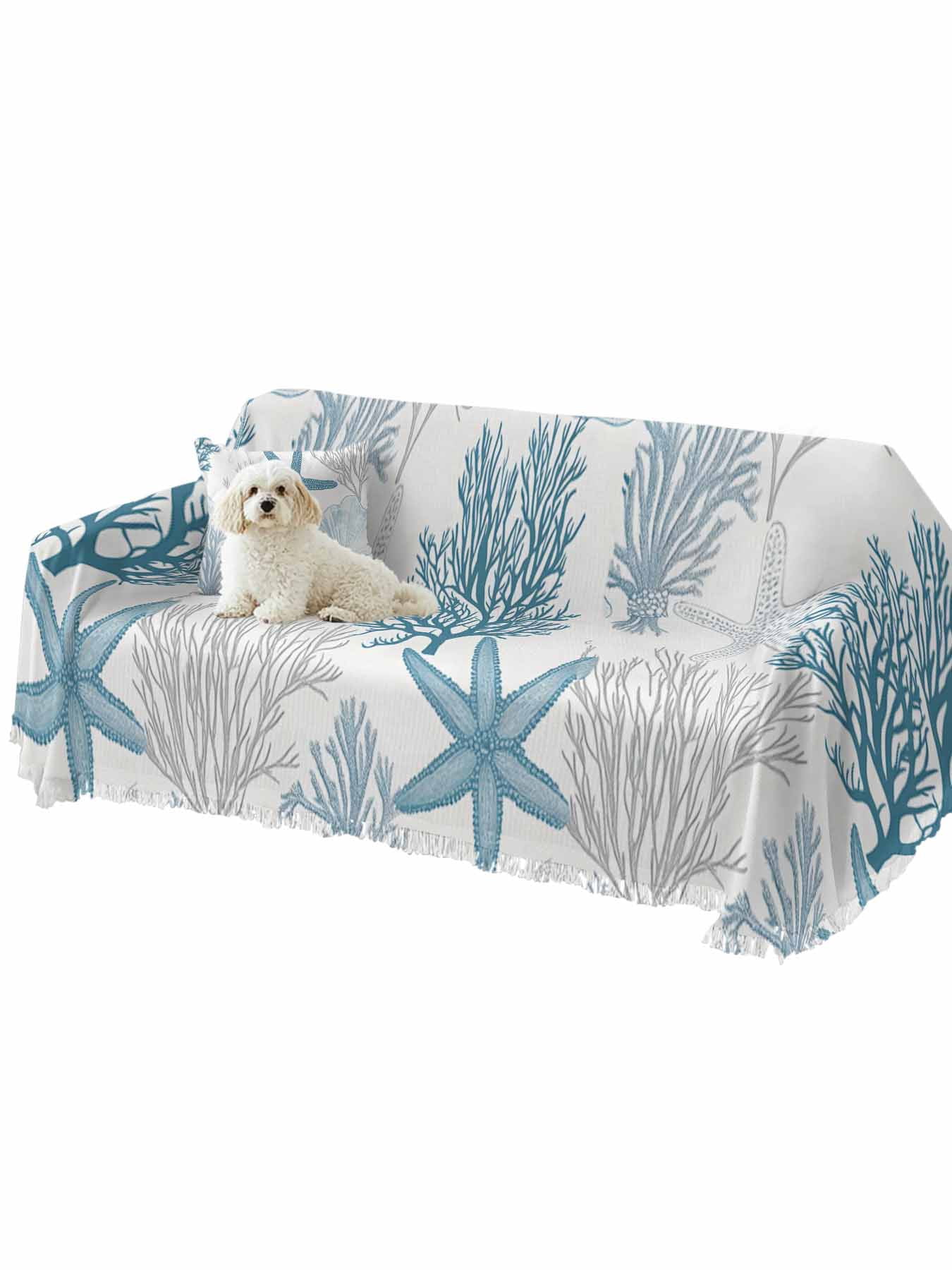 Starfish Coral Couch Cover, Coastal Ocean Seagrass Nautical Nature Sofa Cover Blanket for 3 Cushion Couch, Sectional Sofa Slipcover Furniture Protector for Living Room Bedroom 71''x134''