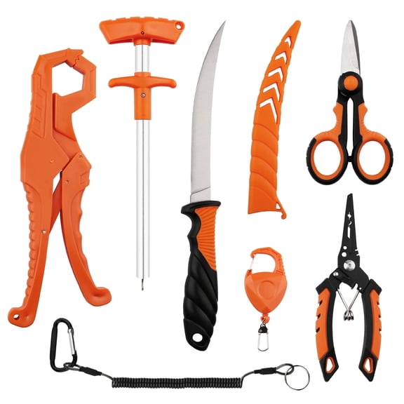 GOANDO 6pc Fishing Tool Set - Stainless Steel Pliers, Fillet Knife, Hook Remover, Fish Clip, Scissors, Lanyard