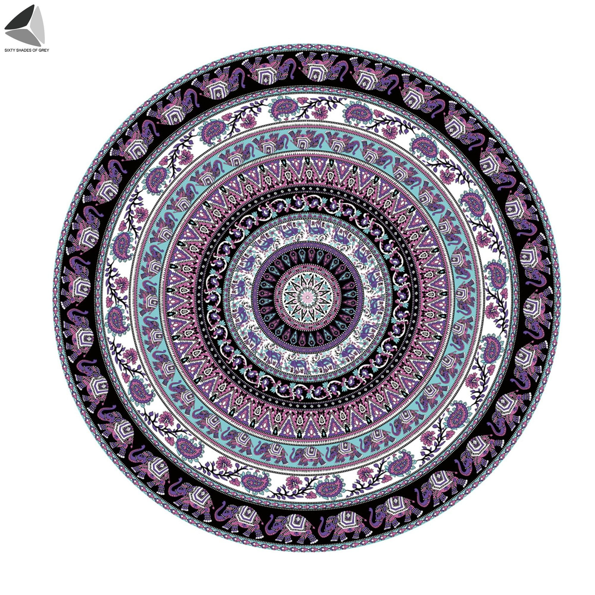 Beach Yoga Mat Art Elephant Print Mandala Art Design Big Roundies Color Purple 