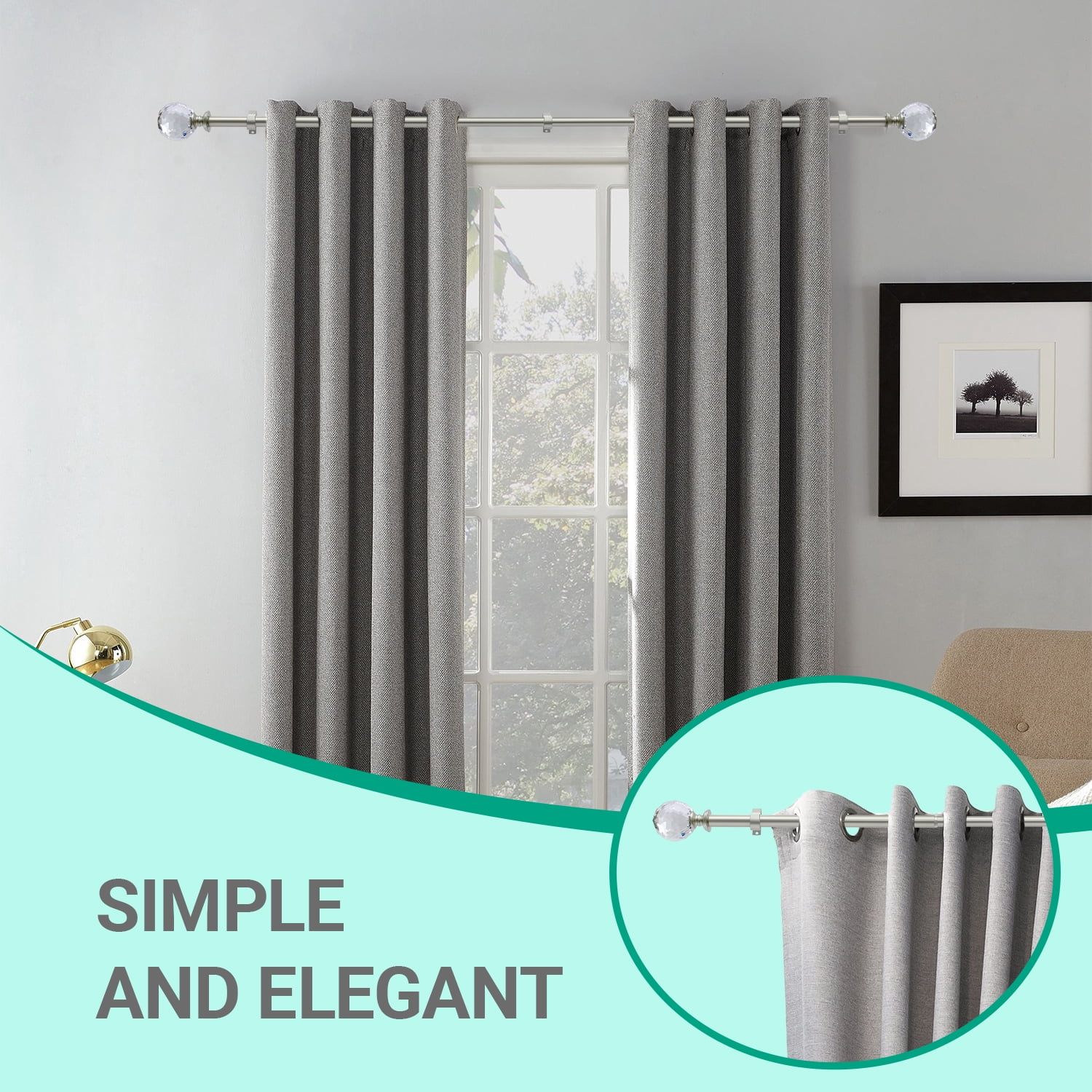 Curtain Rod Champagne Extendable Curtain Rod 48" to 120" Adjustable Curtain Rods Includes rods, ball finials, 3piece brackets, hardware kits
