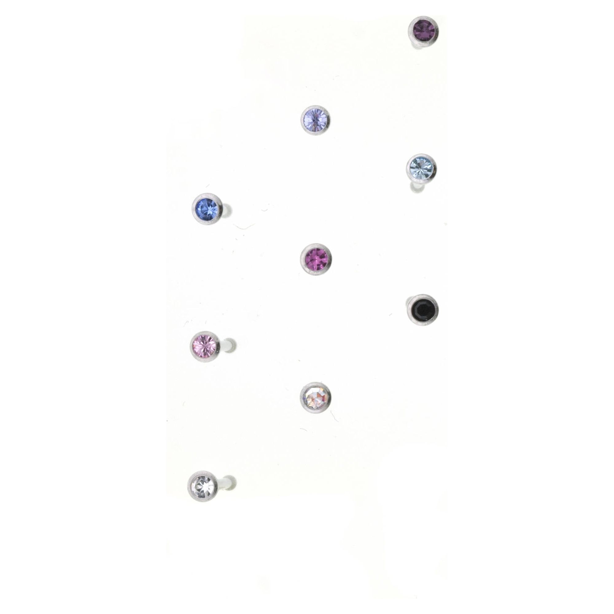 Hot Silver Women's 22G Small Multicolor Crystal Stainless Steel Nose Stud Set - 9 Pack