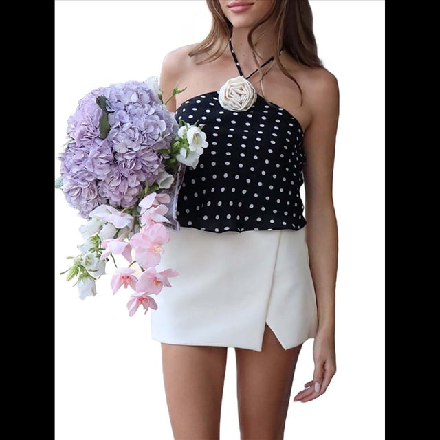Camiseta Sin Mangas de Lunares Y2k para Mujer, Estilo Halter, Sin Mangas, con Cuello Halter, Camisola Sin Espalda y Decoración de Rosas. Negro L