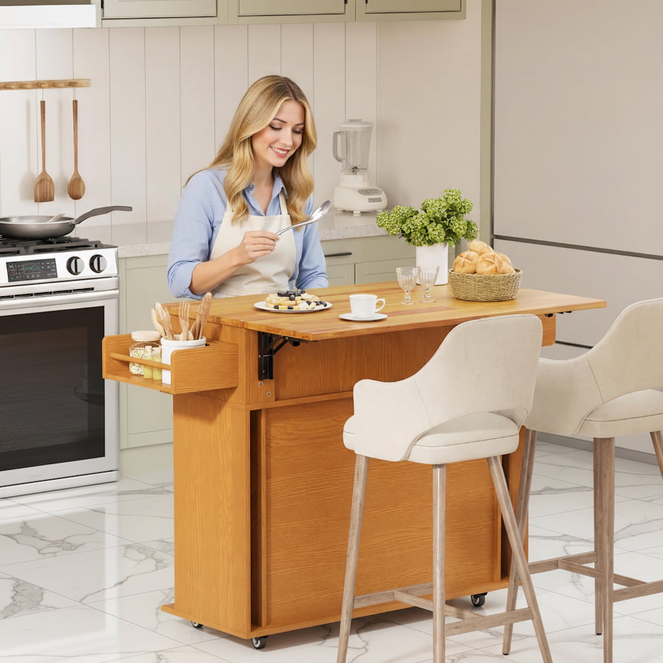 AISWORD Rolling Kitchen Island with Drop Leaf, Sliding Door, Drawers & Spice Rack, Yellow