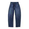 thumbnail image 5 of QQZ Barrel Leg Womens Elastic Waist Pull On Denim Pants, Knee Stitched Baggy Wide Leg Full Length Denim Trousers Suitable For Urban Street Style, Daily Errands And Back To School Outfits, 5 of 7