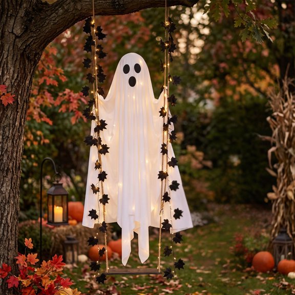 Halloween Decorations Outdoor - 4ft Hanging Swing Ghost Decor with a Maple Leaf Swing,String Light,Halloween Decor for Tree,Yard,Porch,Garden
