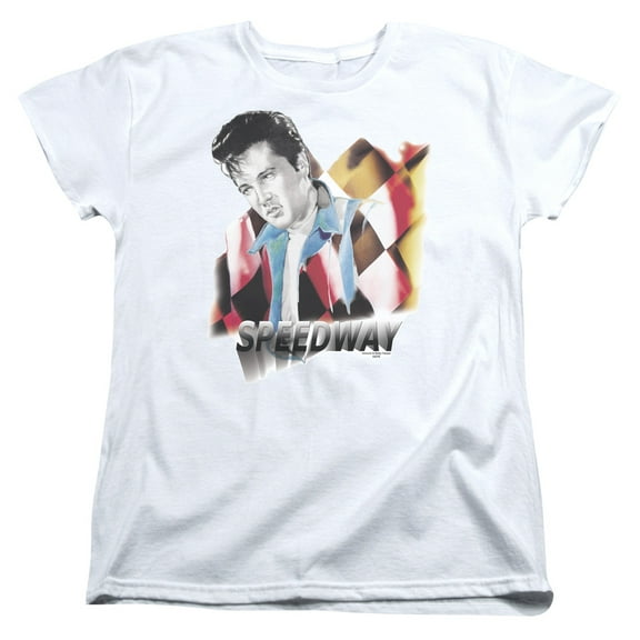 Trevco ELV585-WT-3 Elvis Presley & Speedway Womens Short Sleeve T-Shirt, White - Large