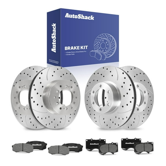 AutoShack Front & Rear Drilled & Slotted Brake Rotors Ceramic Brake Pads | Replacement for 2003-2009 Toyota 4Runner | Silver Zinc Coated | 12-PC Brake Kit | SilverShield Pro