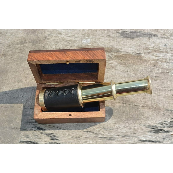 Nauticaz 6" Handheld Brass Telescope with Wooden Box - Pirate Navigation
