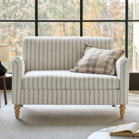 Tina's Home 50" Soft Farmhouse Loveseat Sofa with Slope Arms and Solid Wood Bobbin Legs for Modern Living Room, Grey Thin Stripes
