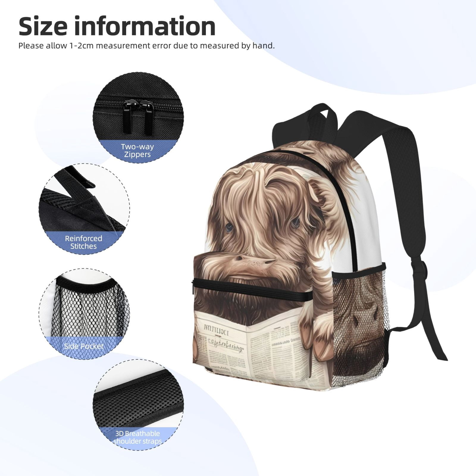 Ratiio Relaxed Cute Cow Reading Print Casual Backpack for Men and Women, Water Resistant Oxford Fabric School Bag Lightweight Travel Daypack