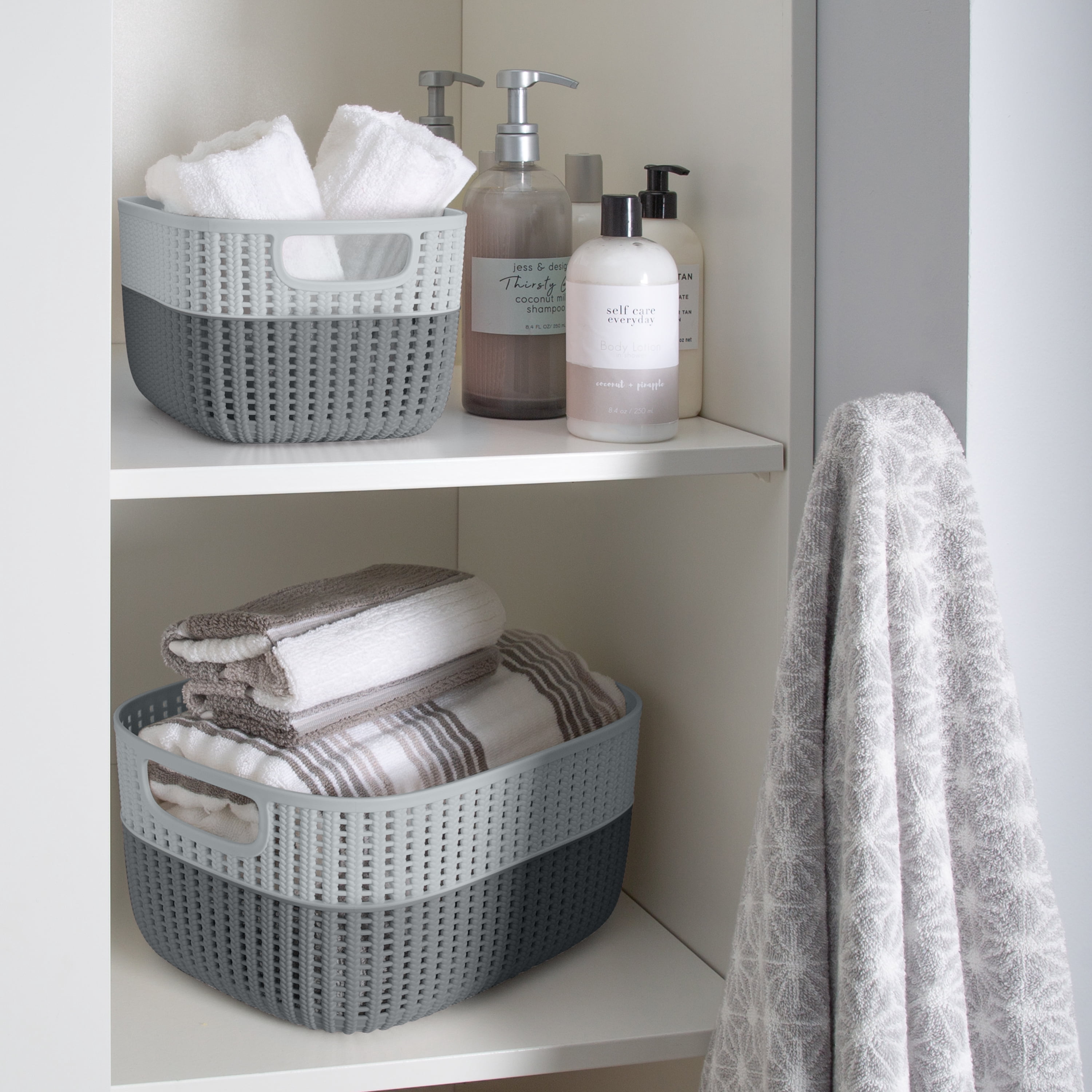 Simplify 2 Pack 2-Tone Decorative Plastic Medium Storage Basket in Grey