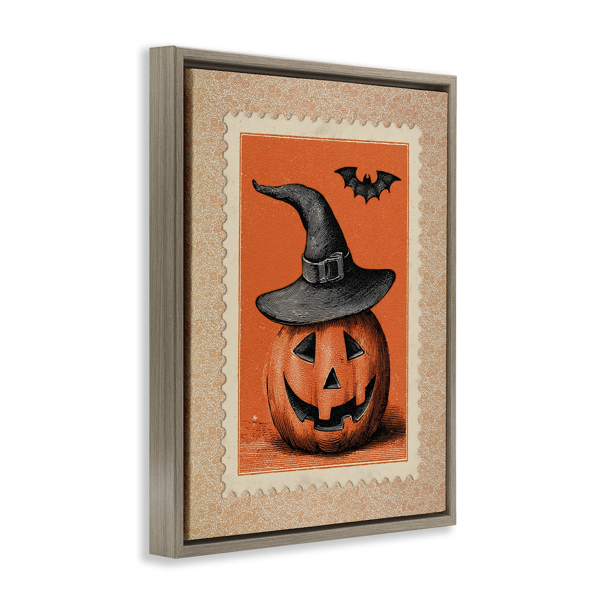 Vintage Jack-o-Lantern Stamp Brown Framed Floater Canvas Wall Art, design by Arlington Prints