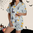 thumbnail image 2 of Women's Halloween 2PC Pajamas Set Short Sleeve Lapel Button Down Shirt And Shorts Lounge Set Print Homewear with Pockets Gray-3 M, 2 of 8