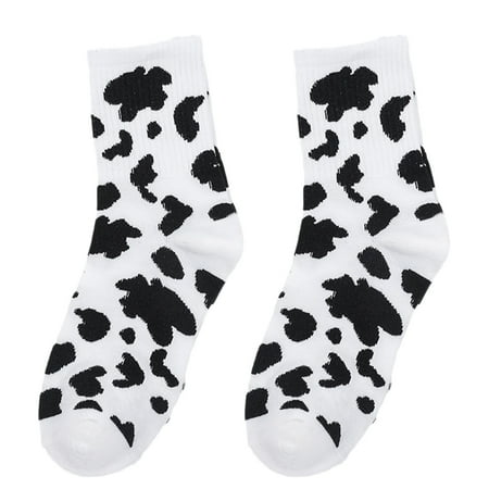 

Women Novelty Harajuku Crew Socks Funny Cute Cow Pattern Black White Striped Animal Printed Skateboard Mid Tube Hosiery