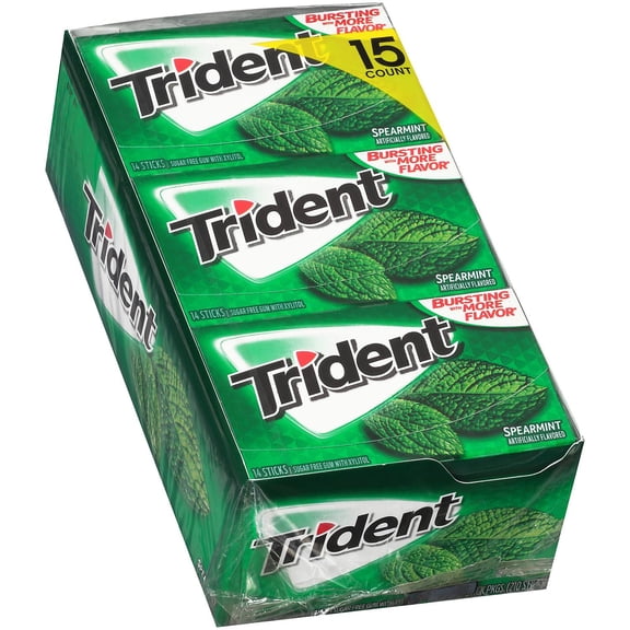 Trident Spearmint Sugar Free Gum, 15 Packs of 14 Pieces (210 Total Pieces) Pack of 2
