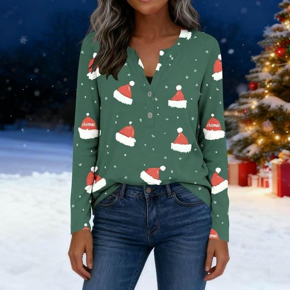 Uootdi Gift Christmas Womens Tops Cute Christmas Printed Xmas V Neck Long Sleeve Shirt Stretchy Baggy Tunics Ladies Christmas Top