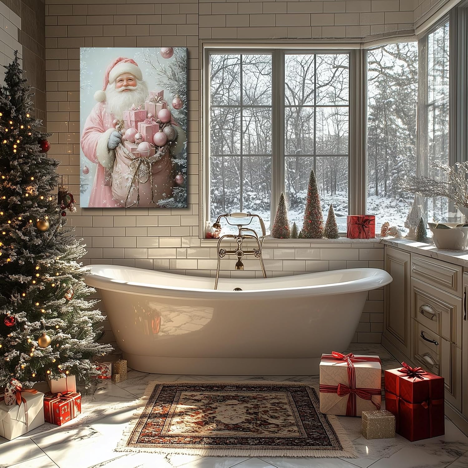 Pink Christmas Canvas Wall Art, Santa Elegant Pictures for Girls Bedroom And Festive Party Wall Decorations, Christmas Gift for Womens, Framed Painting Ready to Hang