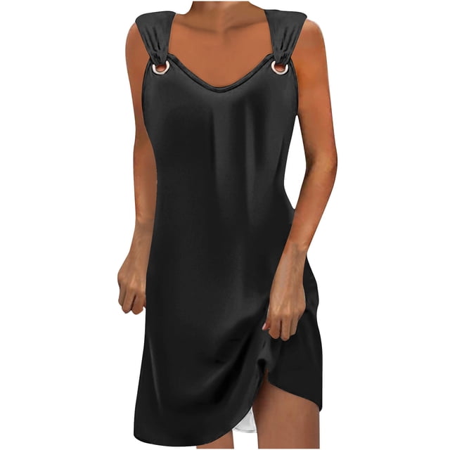 Penkiiy Robes d'Été pour Femmes 2024 Décontractées Imprimées Amples Couleur Unie Col Rond Tempérament Élégant Robes Dos Nu L Noir