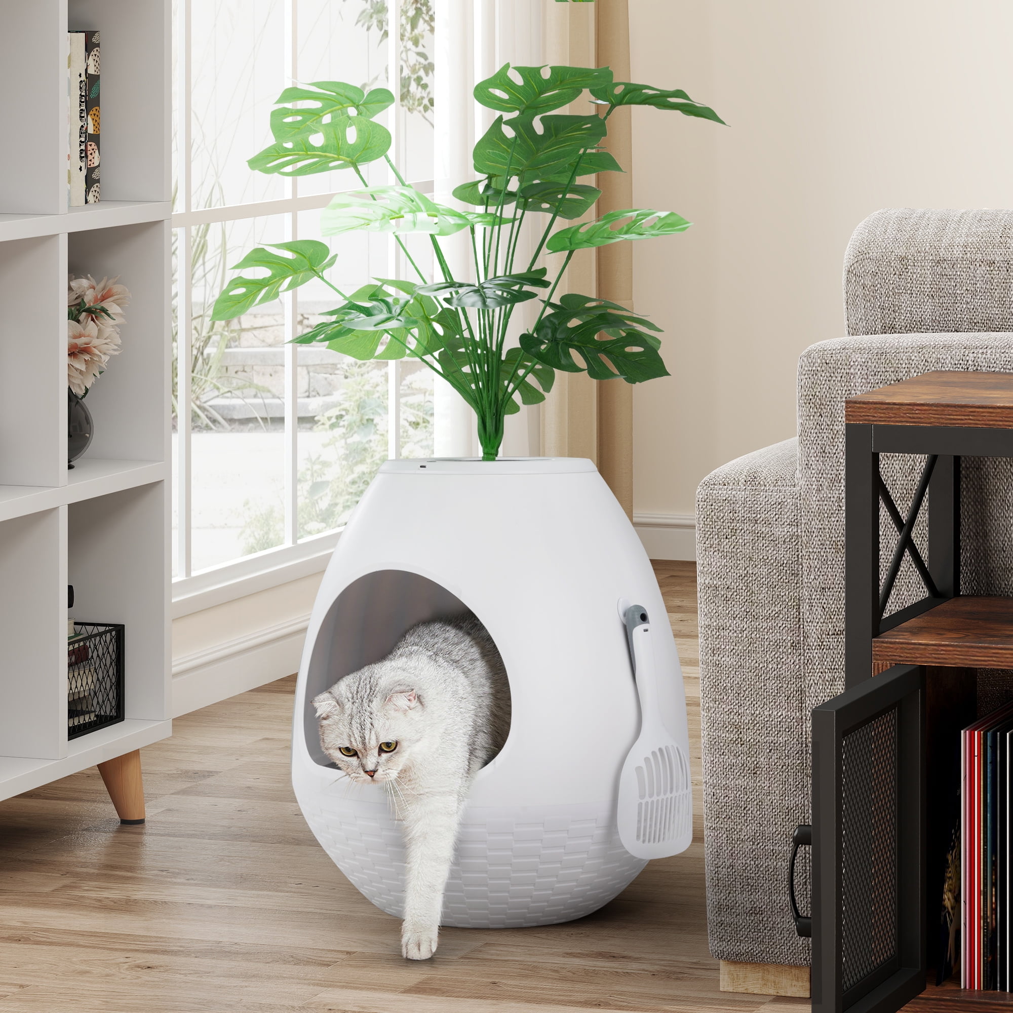 Jaxpety Smart Plant Litter Box,Cat Hidden Litter Box with Deodorization System, Exhaust Fan,Light, Scoop, Artificial Plants for Apartments and Offices Living Room Bedroom,White